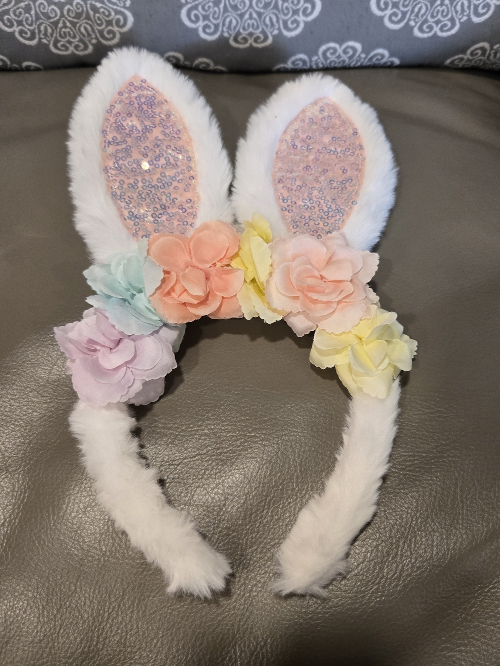White Pastel Bunny Ear Headband with Flowers - Kids Costume